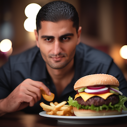 cinematic film still lora:custom_lora_model:1 aallzz eating a burger, cinematic, bokeh, dramatic lighting, shallow depth of field, vignette, highly detailed, high budget, cinemascope, moody, epic, gorgeous, film grain, grainy