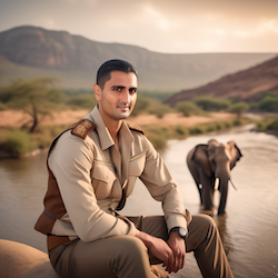 cinematic photo lora:custom_lora_model:1 aallzz portrait, sitting, magical elephant with large tusks, wearing safari clothing, majestic scenery in the background, river, natural lighting, 50mm, highly detailed, photograph, film, bokeh, professional, 4k, highly detailed